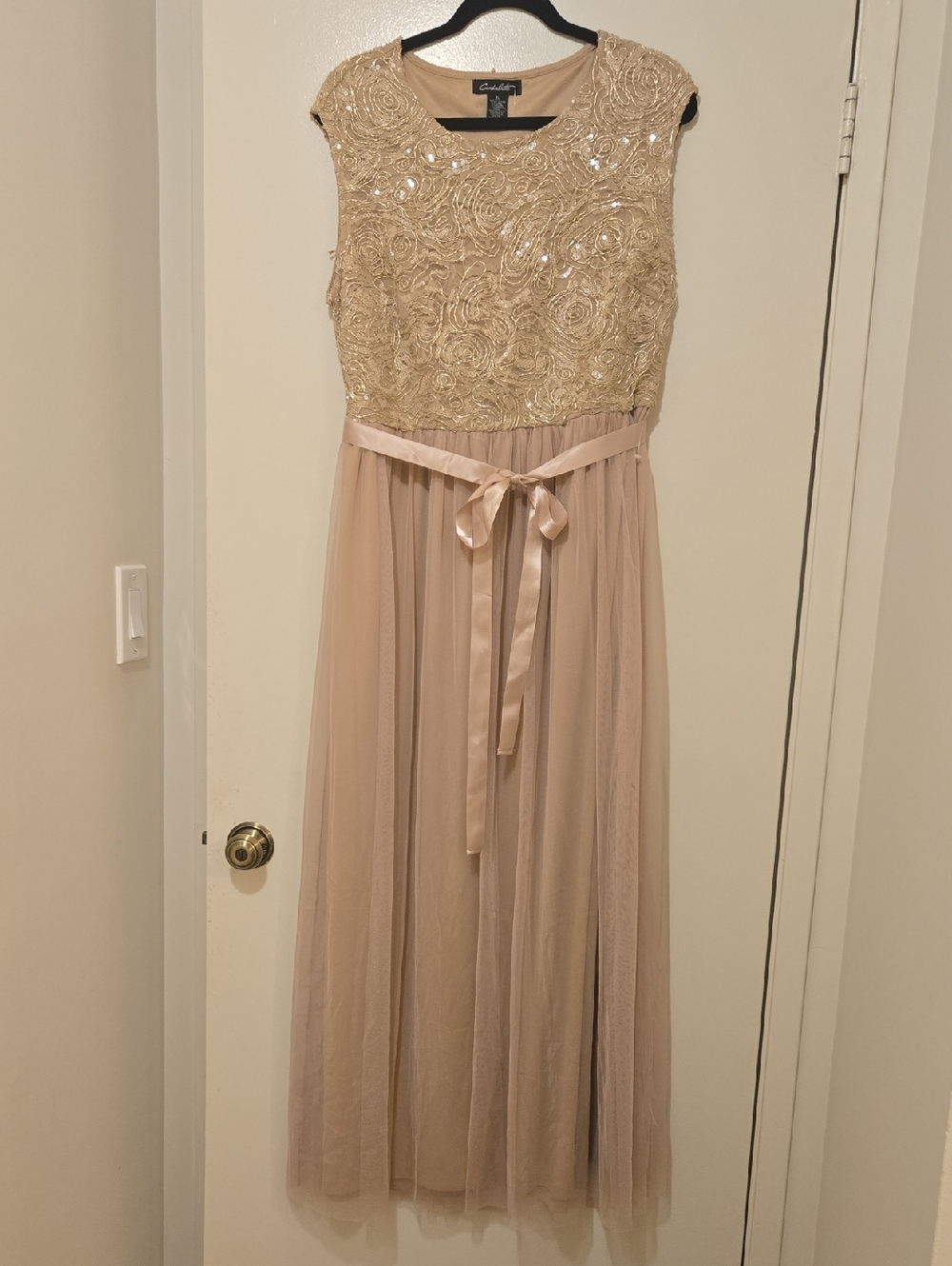 Gold Sequin Bodice Champagne Tulle Gown
